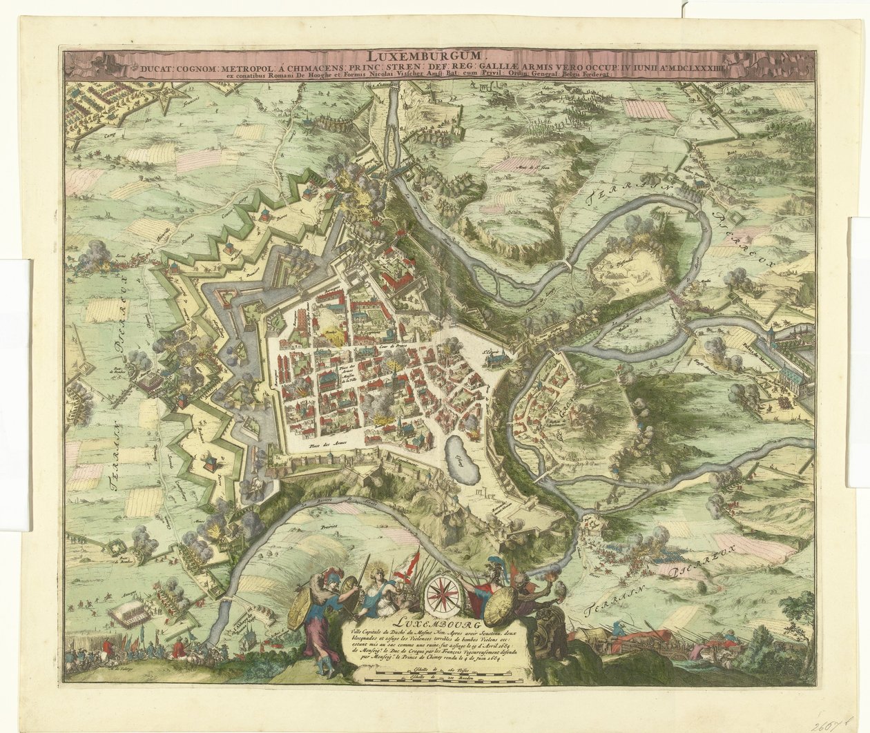 Bombardování van Luxemburg door de maarschalk de Créquy, 1684 Lucembursko, olovo. příjmení metropole chimacens princ stren def. Reg. Ale paže Galie ho obsadily. 4. června Ao. 8834 (název na objektu) od Romeyn de Hooghe