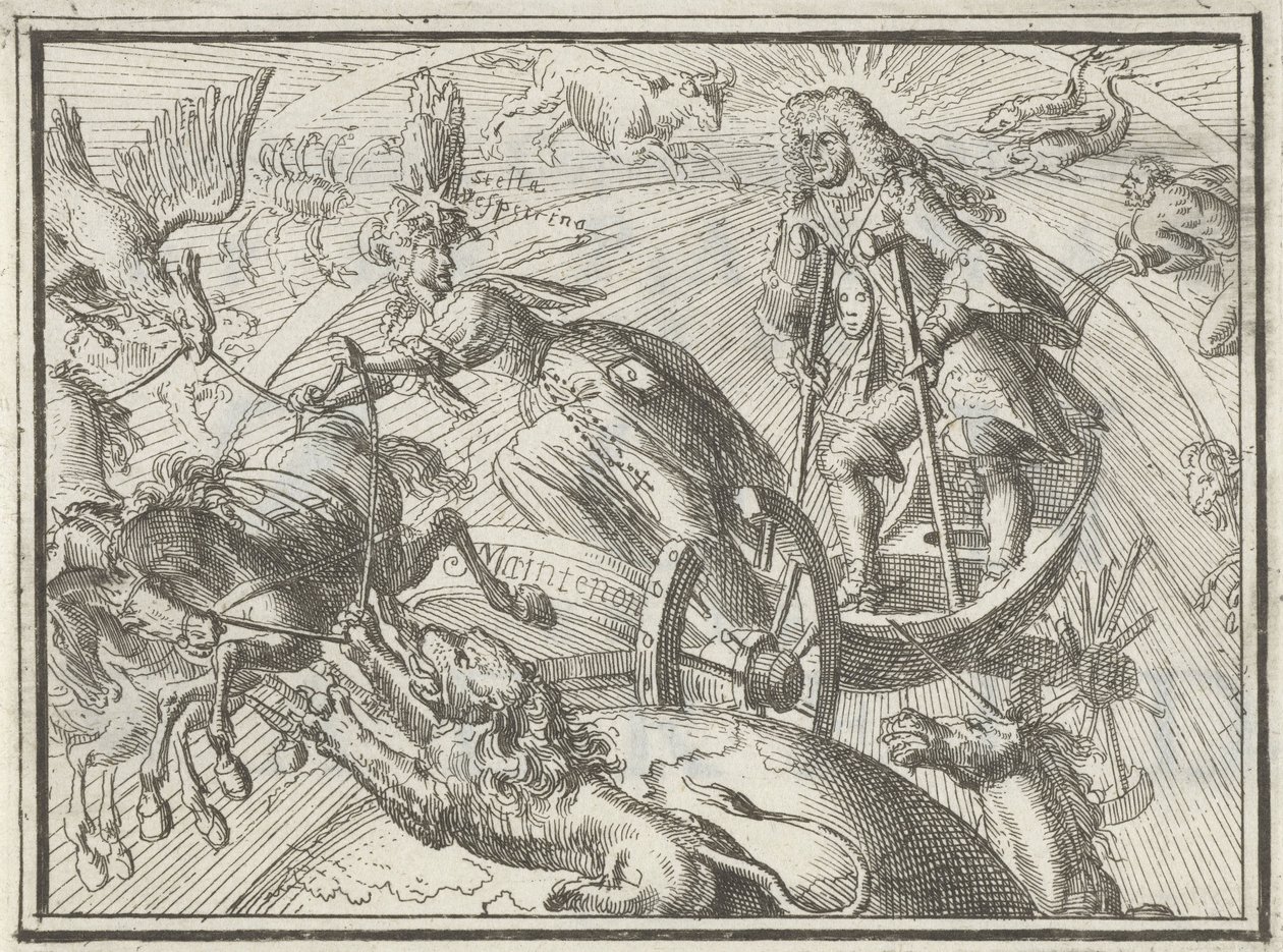 Karikatura zobrazující Ludvíka XIV. jako Apolla v jeho voze, 1701 od Romeyn de Hooghe