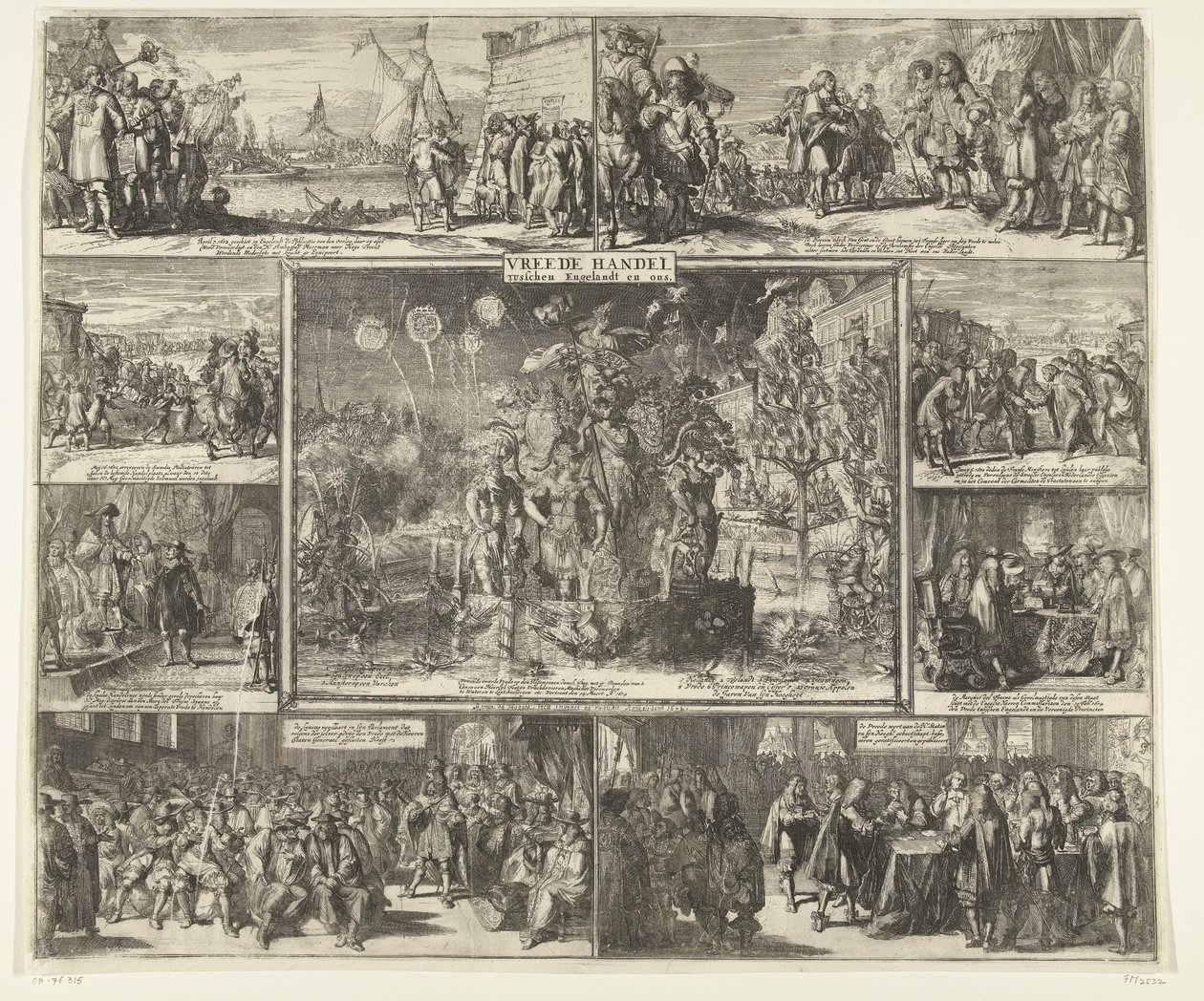 Westminsterský mír, 1674 Mírový obchod mezi Anglií a námi (název na předmětu) od Romeyn de Hooghe