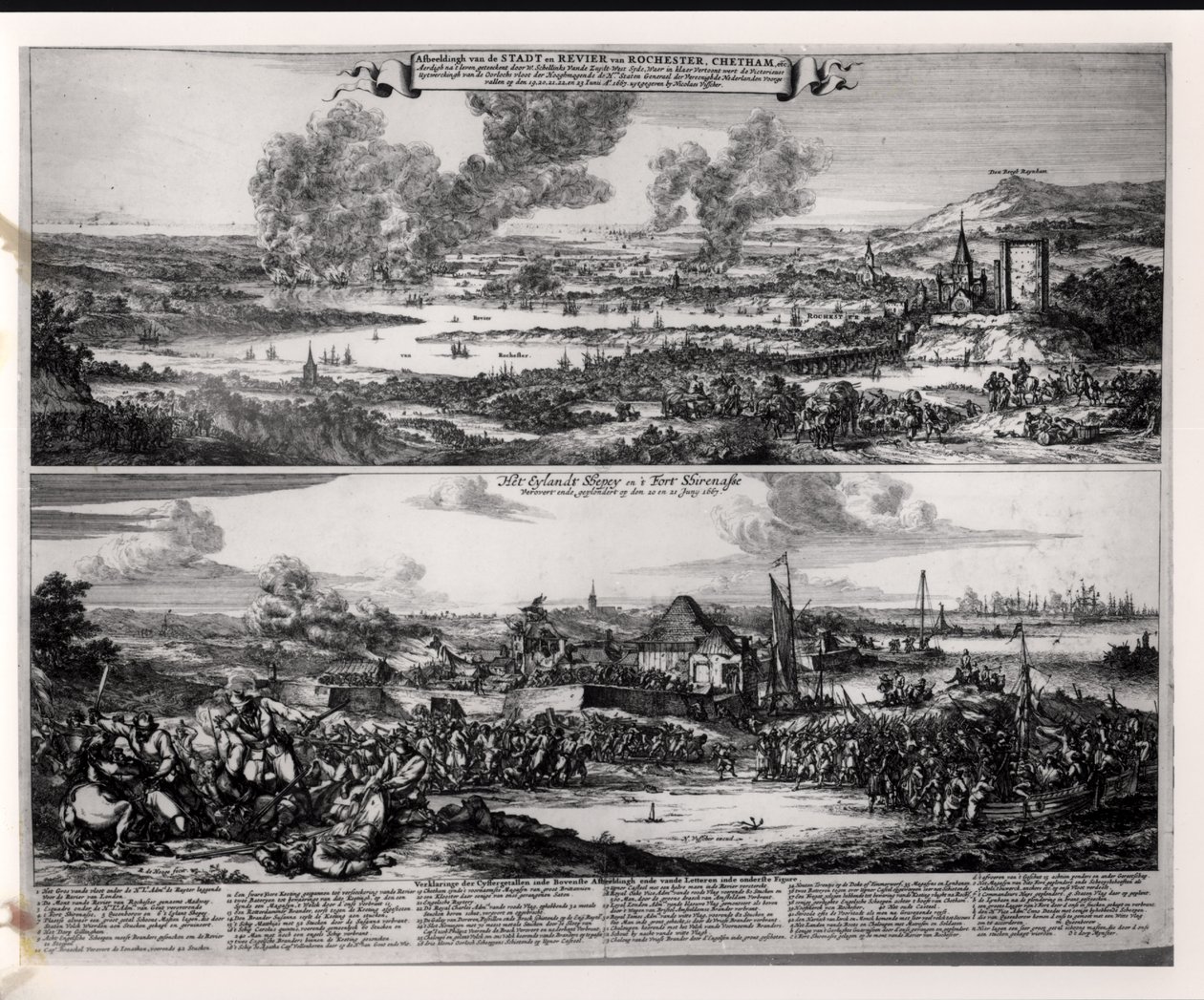 Holandský útok na řece Medway, 20. a 21. června 1667, vyryl Nicolas Visscher (1618-1709) od Romeyn de Hooghe