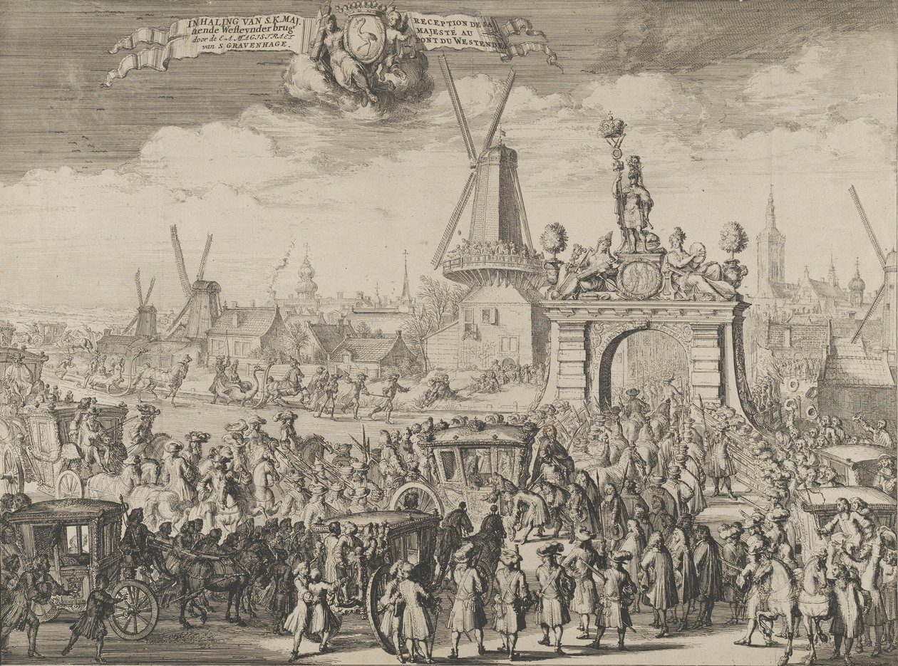 Vstup Williama III do Haagu Inhaling van S.K. Maj. aende Westeynder brug dveře ..., 1691. od Romeyn de Hooghe