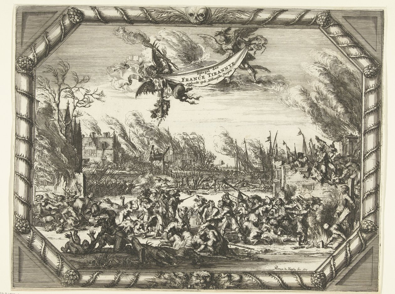 Francouzská zvěrstva v Bodegraven a Zwammerdam, 1672 Spiegel der France Tirannye prosila v Hollantsche Dorpen (titul na předmětu) od Romeyn de Hooghe