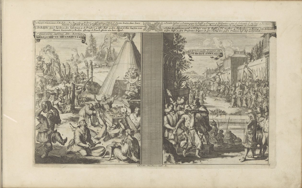 Lékaři v Arcladě; Jezuita oholen mýtným v Golkondě Guerisons infames des Arclades / Rude Healings // Roi de Golconde, Douane atd. / Tolrecht, en Cases (název na předmětu) Les Indes Orientales et Occidentales et autres od Romeyn de Hooghe