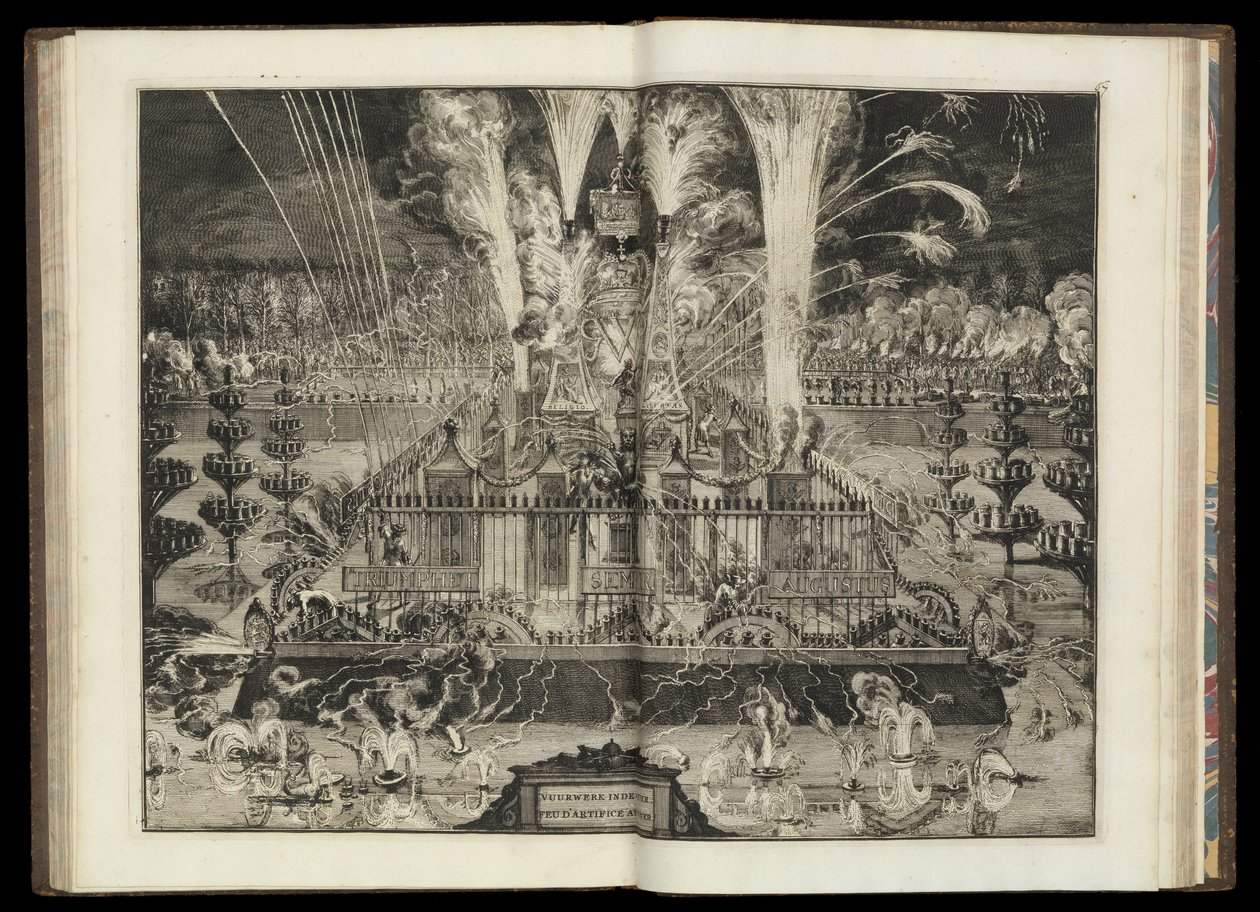 Velký ohňostroj. Z "Triumfálního návratu Jeho britského Veličenstva do Holandska" (CBL AL 146, pl.67). od Romeyn de Hooghe