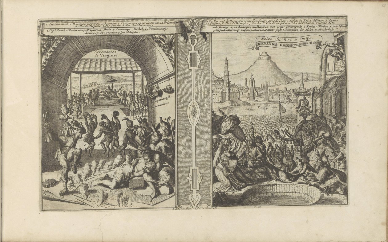 Chief Smith s Virginians; Královský svátek v Pegu Virginiaense Ceremonien / Ceremonies de Virginie // Královské slavnosti do Pegu (název na objektu) Les Indes Orientales et Occidentales et autres lieux (název série) od Romeyn de Hooghe