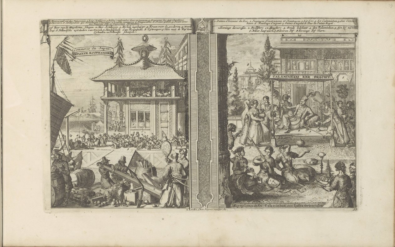 japonský koophandel; Hof van de koning van de Calaminhans Japonský koophandel / Obchod Japonska // Calaminhans Eer Pracht / Velkolepost krále Calaminhana, ve Východní Indii (název na předmětu) Východní a Západní Indie a další místa (série od Romeyn de Hooghe