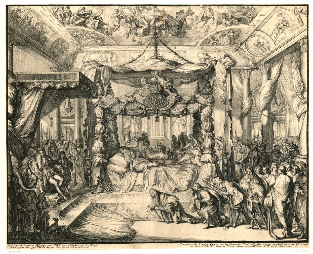 Královna Marie II Stuartovna na smrtelné posteli, 1695 Smrt a pohřeb Marie II Stuartovny, anglické královny, 1695 (název série) od Romeyn de Hooghe