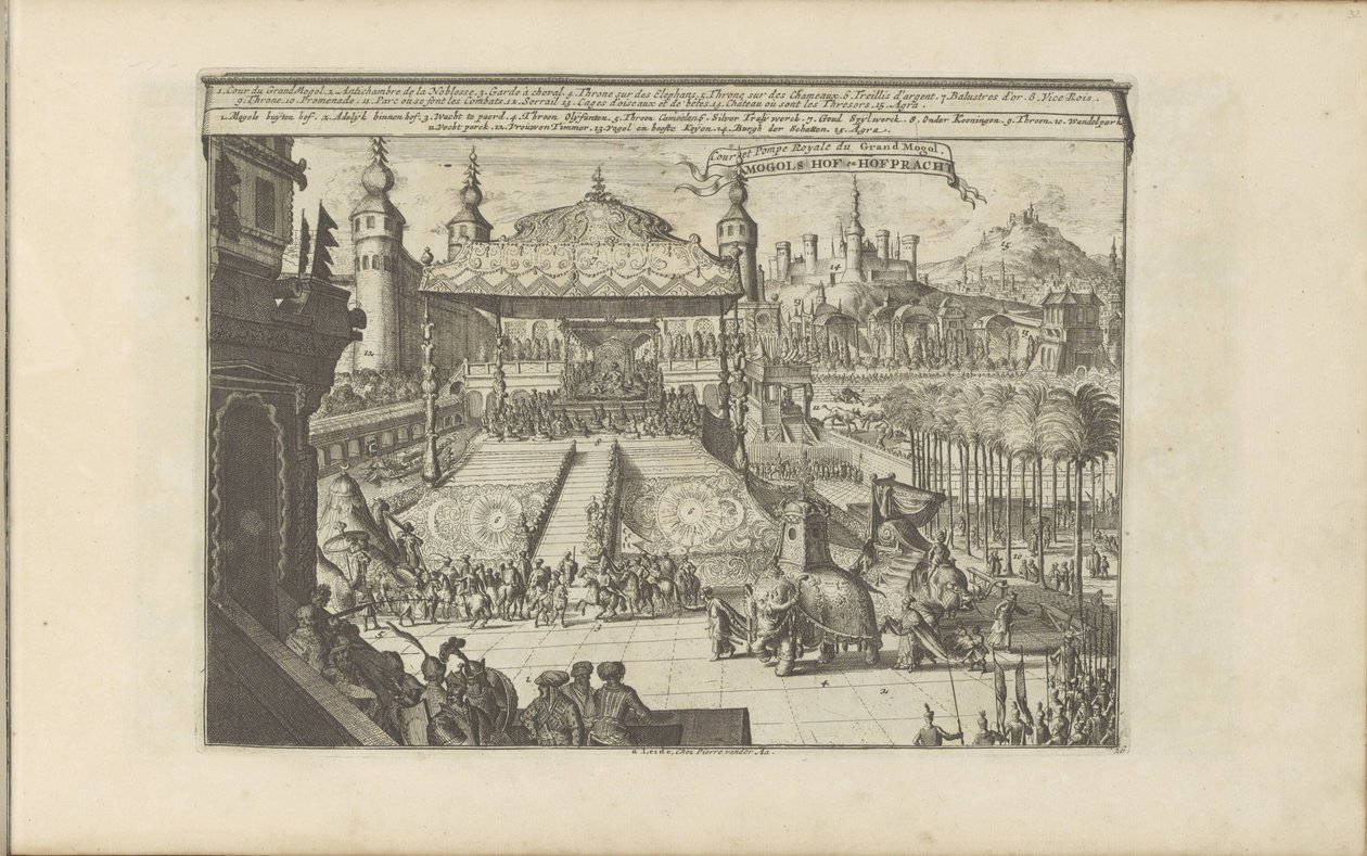 Koninklijk hof v Mongolsku Mongols Hof en Hofpracht / Dvorní a královská pumpa Velkého Mogula (název na objektu) Východní a Západní Indie a další místa (název série) od Romeyn de Hooghe