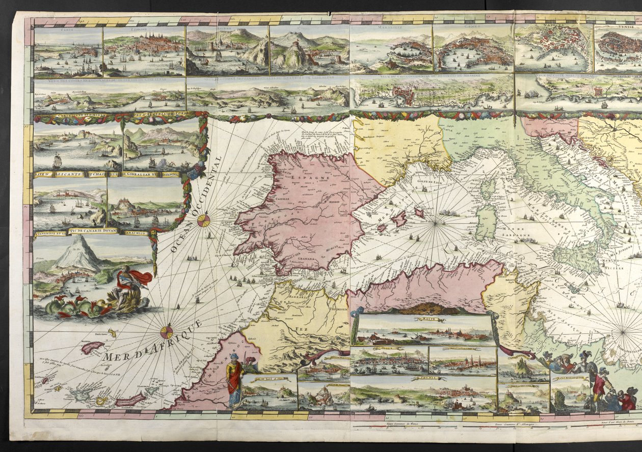 Mapa Středozemního moře s alegorickými postavami a mořskými příšerami, které zdobí vložky, z „Francouzského Neptuna a Atlas Maritime a Suite du Neptune François“ od Charlese Pene a Pietera Mortiera od Romeyn de Hooghe