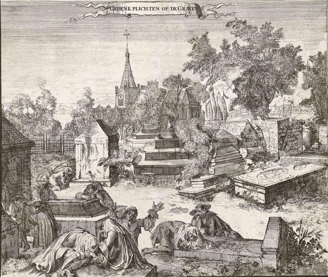 Smutek na portugalsko-židovském hřbitově Beth Haim z Ouderkerku na Amstel v Nizozemsku - rytina Romeyn de Hooghe (1645-1708) od Romeyn de Hooghe