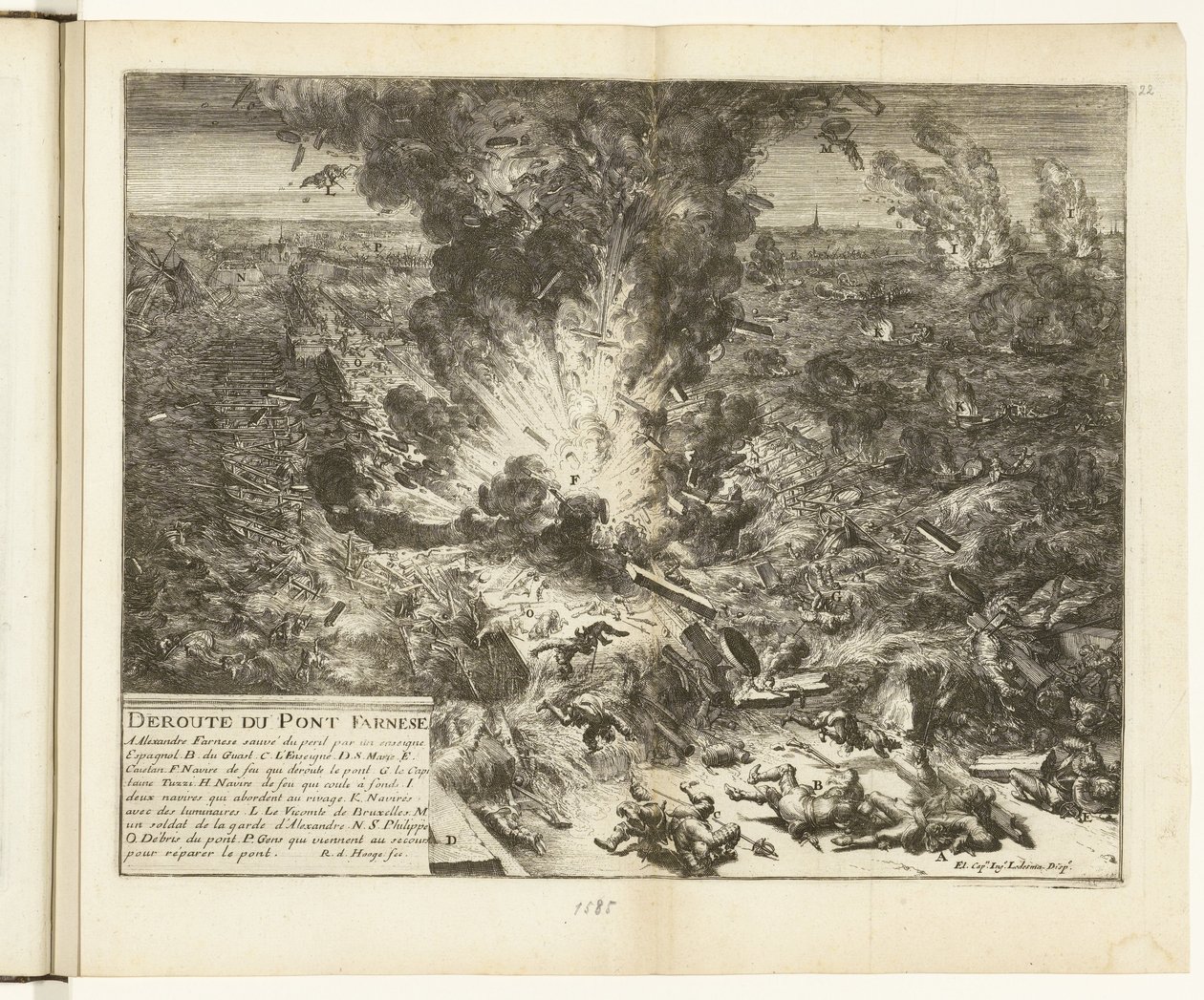 Vyhození lodního mostu Parma přes Šeldu, 1585 Deroute du Pont Farnese (název na objektu) Guerres de Flandres (název série) od Romeyn de Hooghe