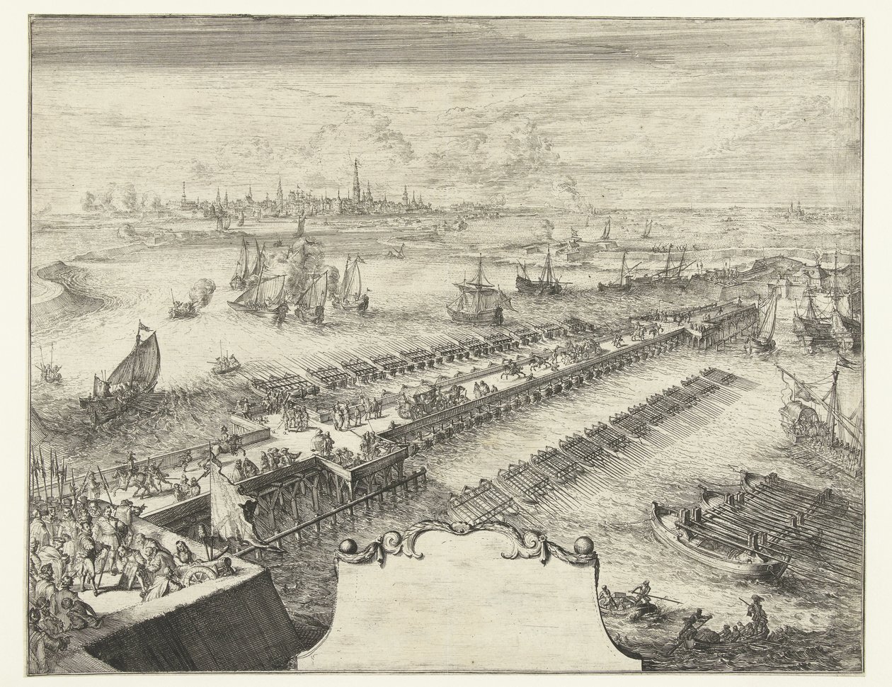 Parmský lodní most přes Šeldu, 1585 Guerres de Flandres (název série) od Romeyn de Hooghe
