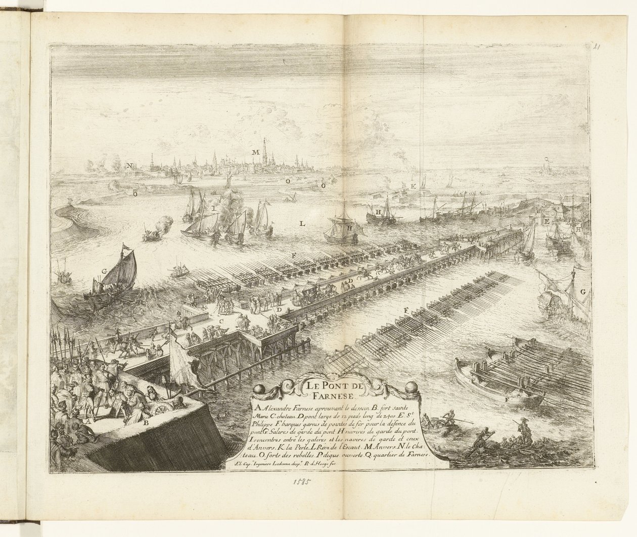Parmský lodní most přes Šeldu, 1585 Le Pont de Farnese (název na objektu) Guerres de Flandres (název série) od Romeyn de Hooghe