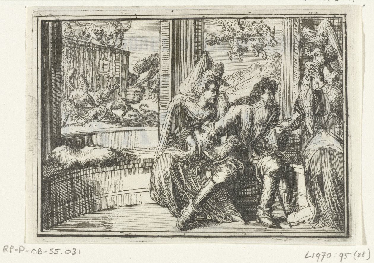 Titulní strana brožury: The Bump in the Guard, na Haasejagtu, 1702 The Bump in the Guard, na Haasejagtu (název na objektu) Esopus v Evropě (název série) od Romeyn de Hooghe