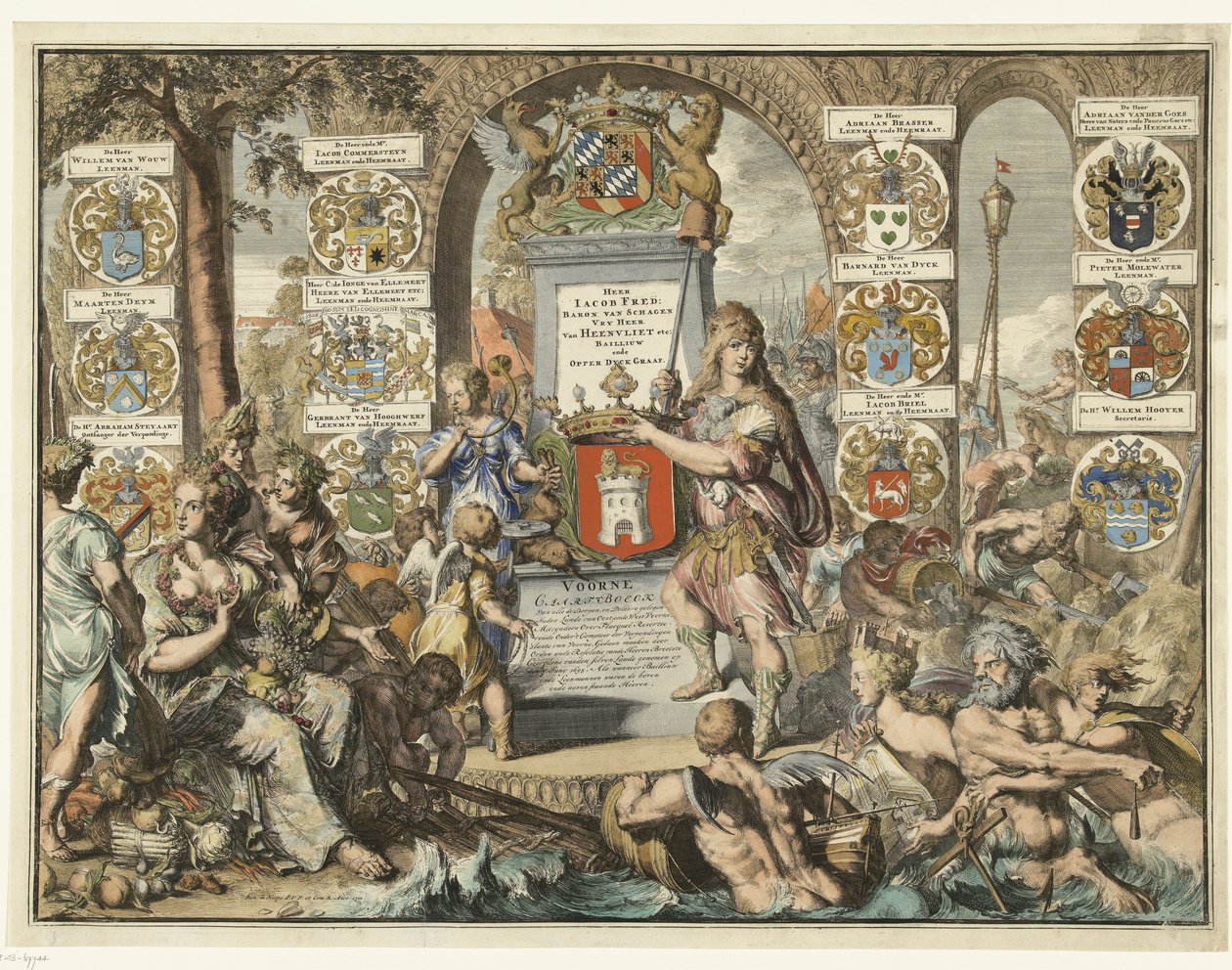 Titulní tisk Caartboeck van Voorne, 1701 Voorne Caart-Boeck ze všech vesnic a polderů nacházejících se ve východní Lande a na západě Voorne (...) 7. června 1695. Jako když Bailliuw a Leenmannen byli výše a sousední Heeren. (název na objektu) od Romeyn de Hooghe