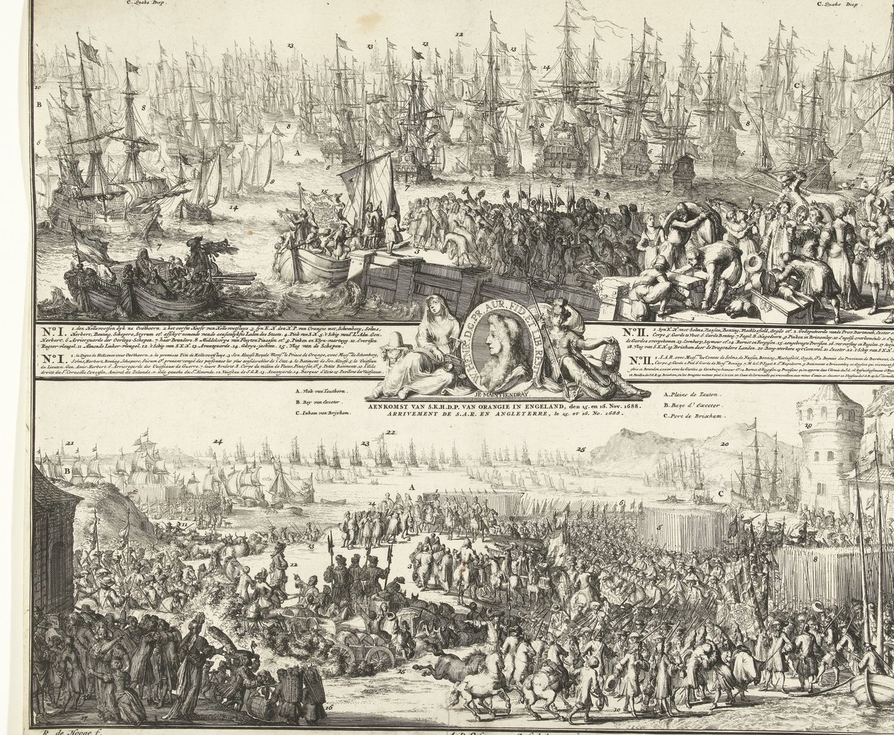 Cesta Viléma III do Anglie, 1688 Odjezd S.K.H. po Anglii, 11. Nov. 1688 / Příchod S.K.H.D.P. of Orange v Anglii, 15. a 16. listopadu. 1688 (název na objektu) Oddělení S.A.R. nalít Angleterre, Le 11. No. 1688 / Arrival de S.A od Romeyn de Hooghe