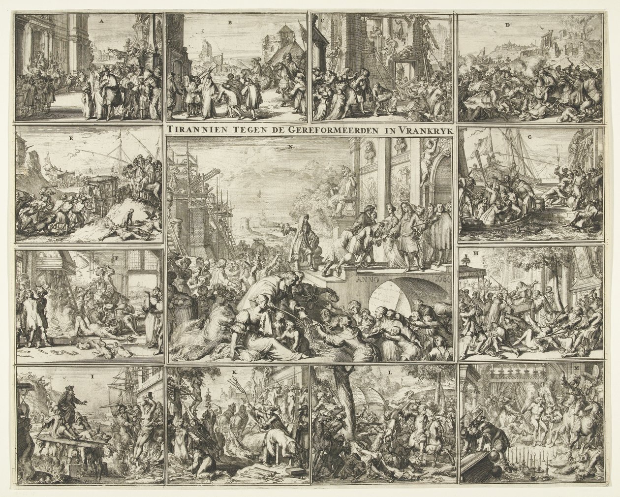 Pronásledování protestantů ve Francii po odvolání ediktu z Nantes, 1685-1686 Tyran proti reformovaným ve Vrankrijku (název na objekt) od Romeyn de Hooghe