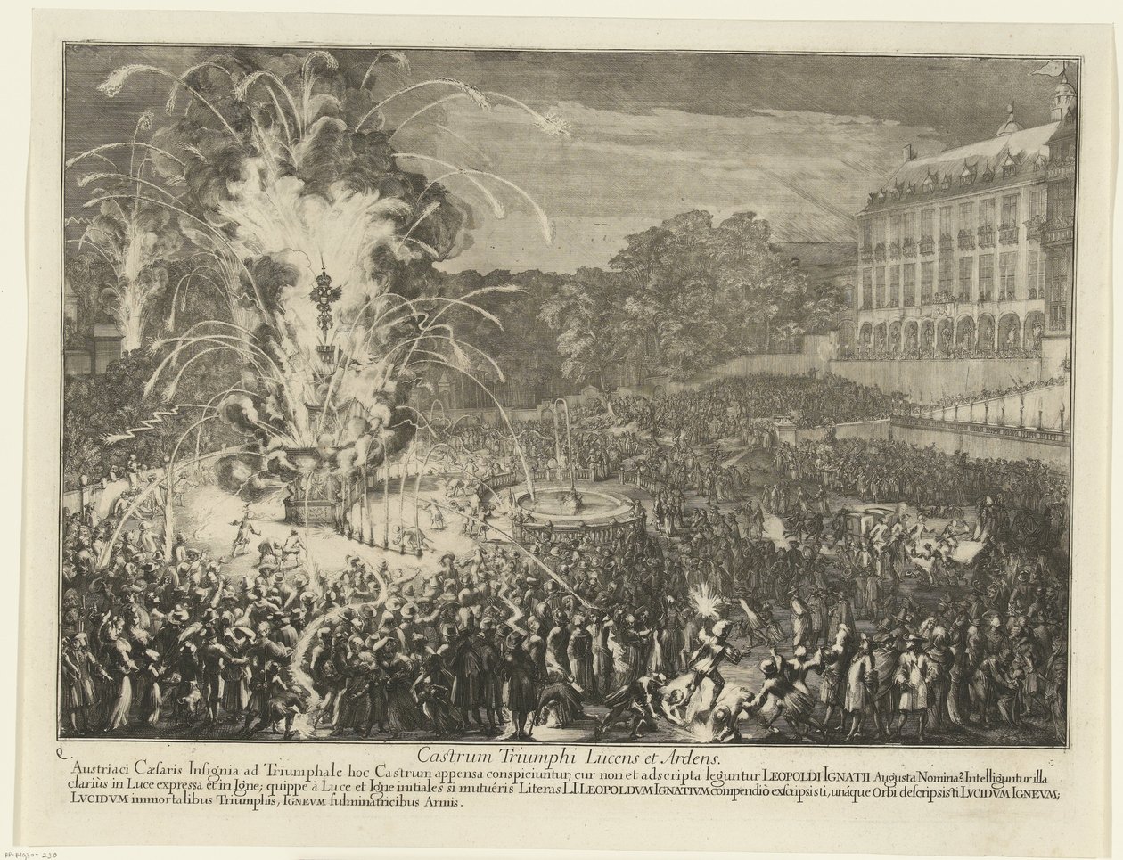Ohňostroj v palácové zahradě, 1686 Castrum Triumphi Lucens et Ardens (název na objektu) Vstup Leopolda I. do Bruselu po porážce Turků, 1686 (název seriálu) od Romeyn de Hooghe