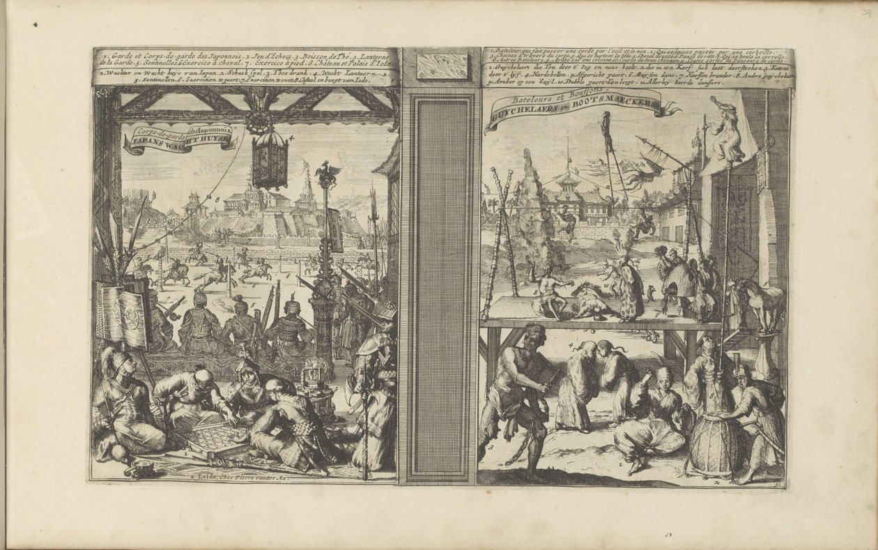 Strážnice v Japonsku; Kouzelníci a akrobaté Japans Wacht Huyse / Corps-de-garde des Japonnois // Guychelaers and Bootsmaeckers (název na objektu) Les Indes Orientales et Occidentales et autres lieux (název série) od Romeyn de Hooghe