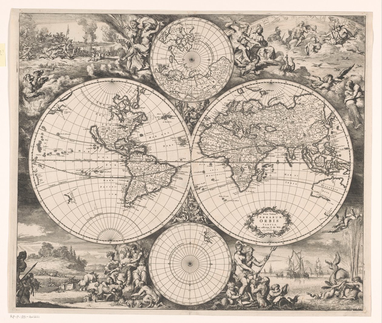 Mapa světa s alegorií čtyř živlů Nova totius terrarum orbis tabula (název na objektu) od Romeyn de Hooghe