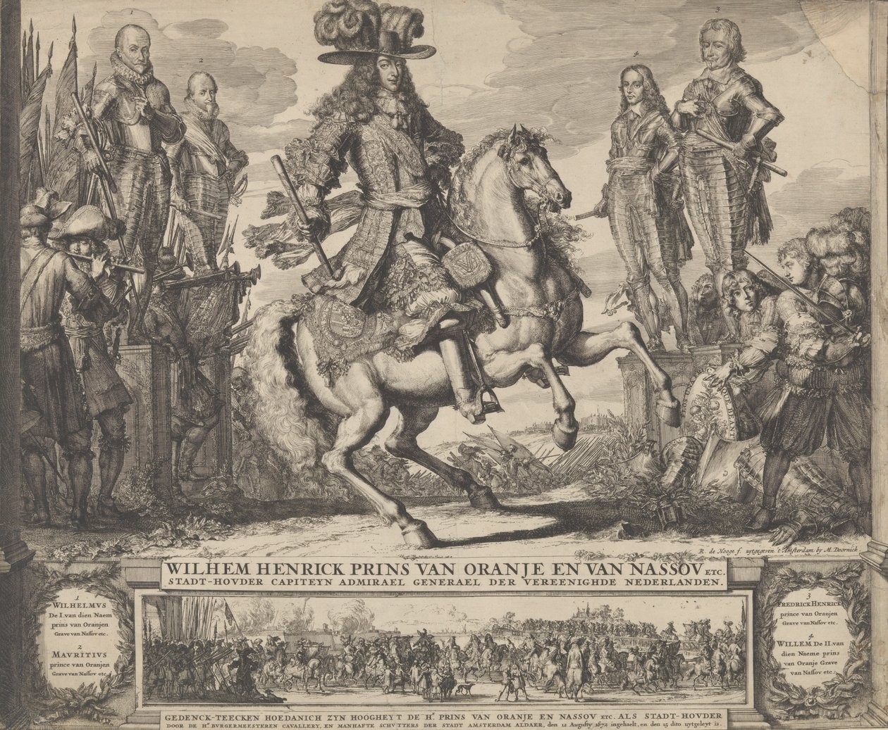 William III jako princ Oranžský, se čtyřmi předchozími Stadthouders, William I, Maurice,..., n.d.. od Romeyn de Hooghe