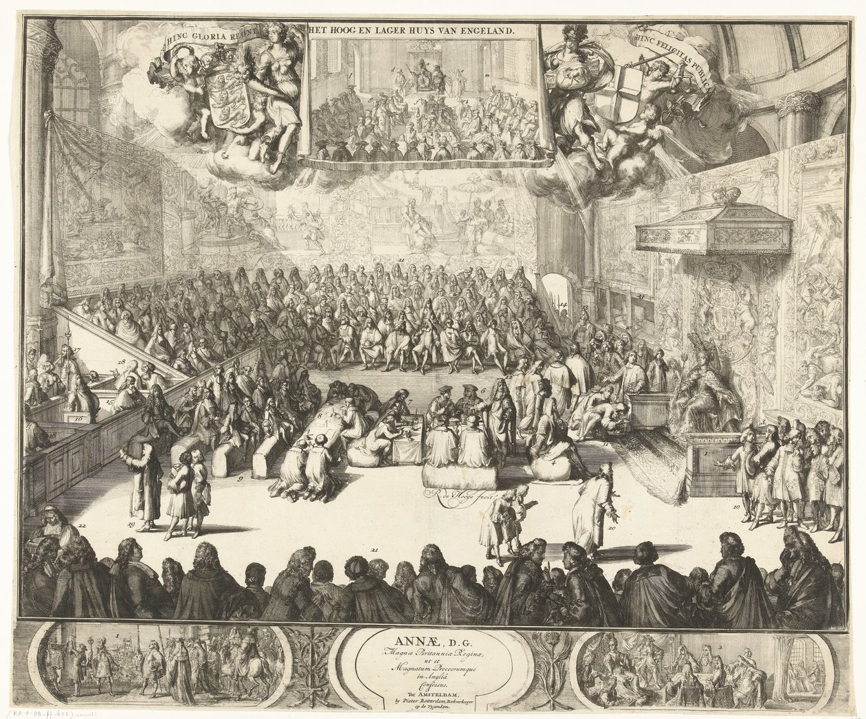 Zitting van het Lagerhuis se setkal s koningin Annou op de troon, 1702 Anne, D.G. Královna Velké Británie, stejně jako velcí princové Anglie se přiznali (titul na předmětu) od Romeyn de Hooghe
