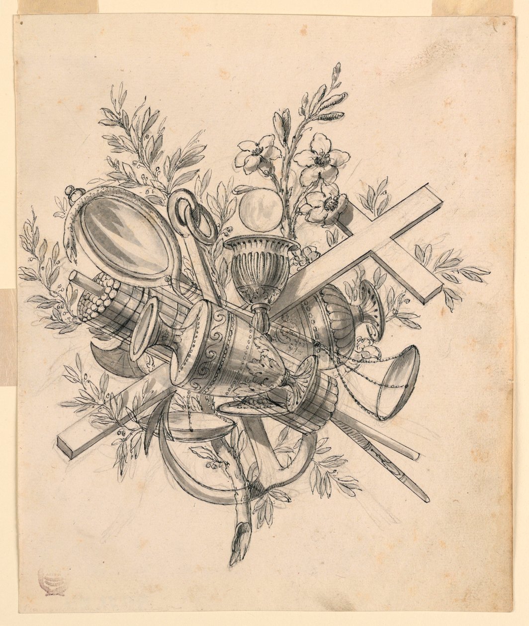 Kresba, trofej se symboly ctností, 1830–1850 od Romolo Achille Liverani