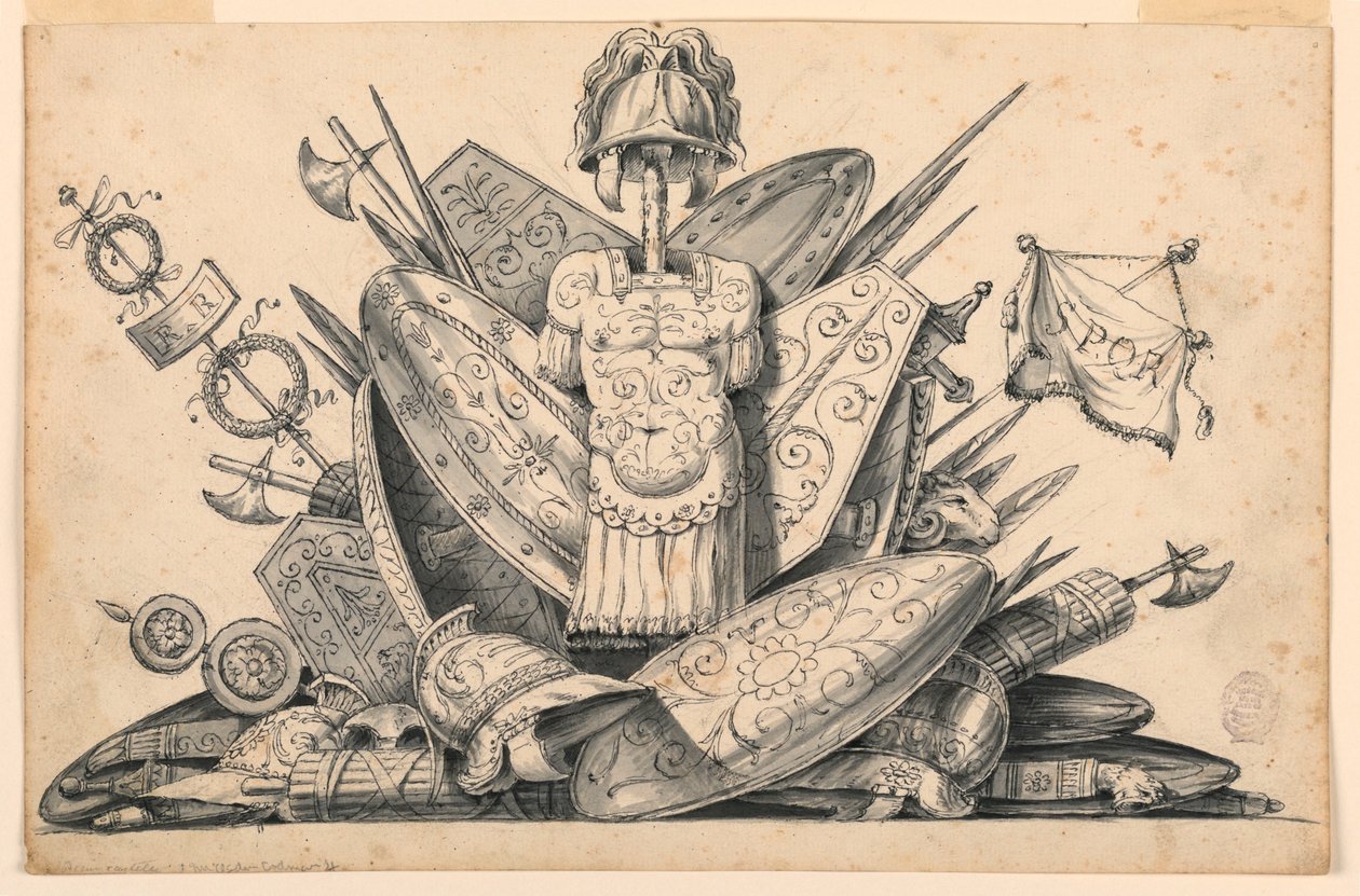 Kresba, trofej zbraní, 1830-1850 od Romolo Achille Liverani