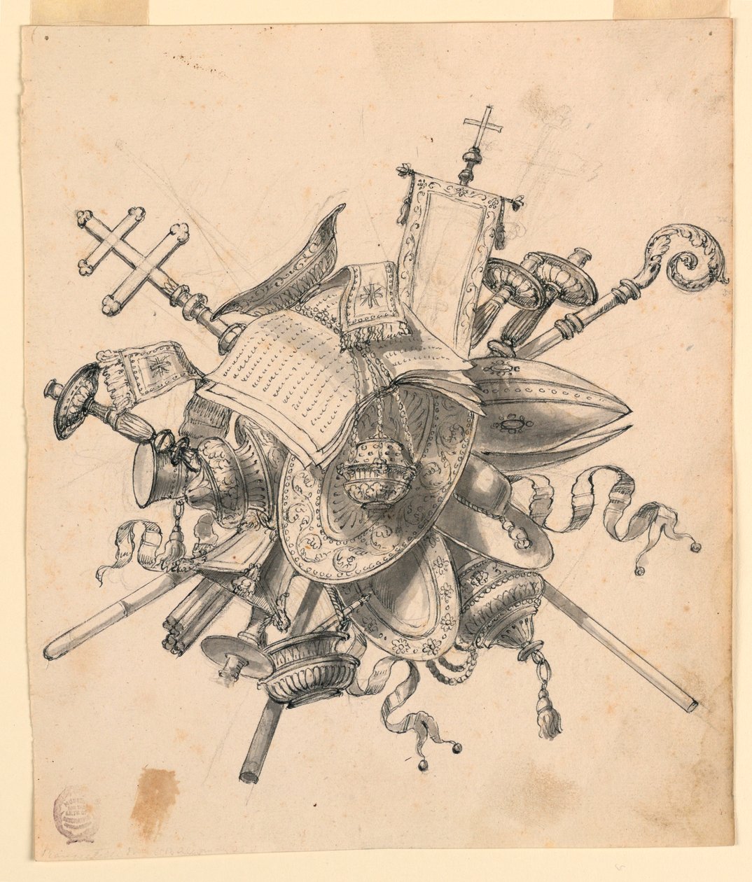 Kresba, trofej s církevními předměty, 1830-1850 od Romolo Achille Liverani