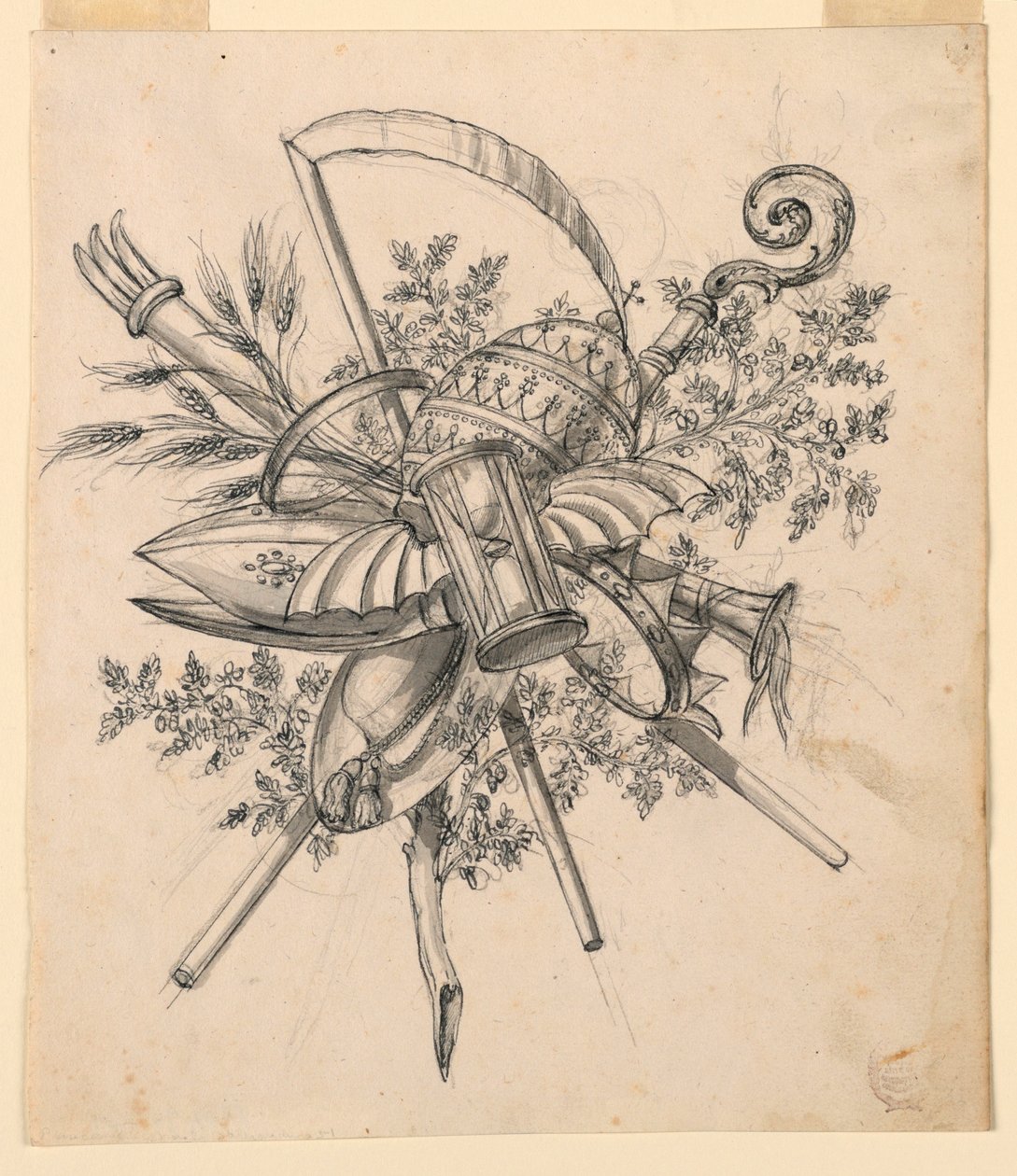 Kresba, trofej s okřídlenými přesýpacími hodinami, 1830-1850 od Romolo Achille Liverani