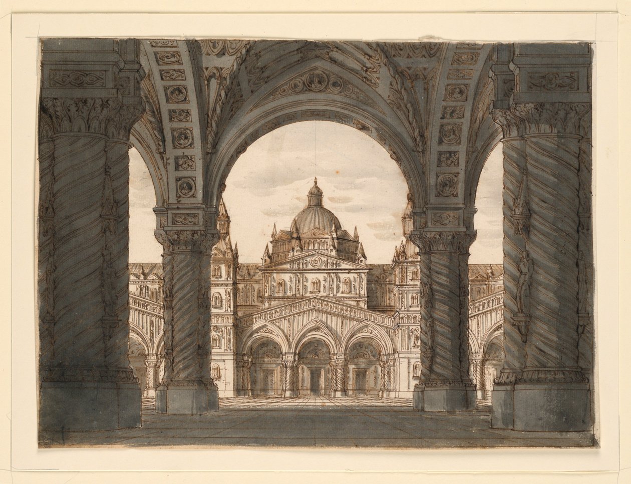 Scéna, Fasáda kostela z lodžie, I due Valdomiri Felice Romani, hudba Pietro de Winter. Provedeno v La Scala, Milán, 1818 od Romolo Achille Liverani