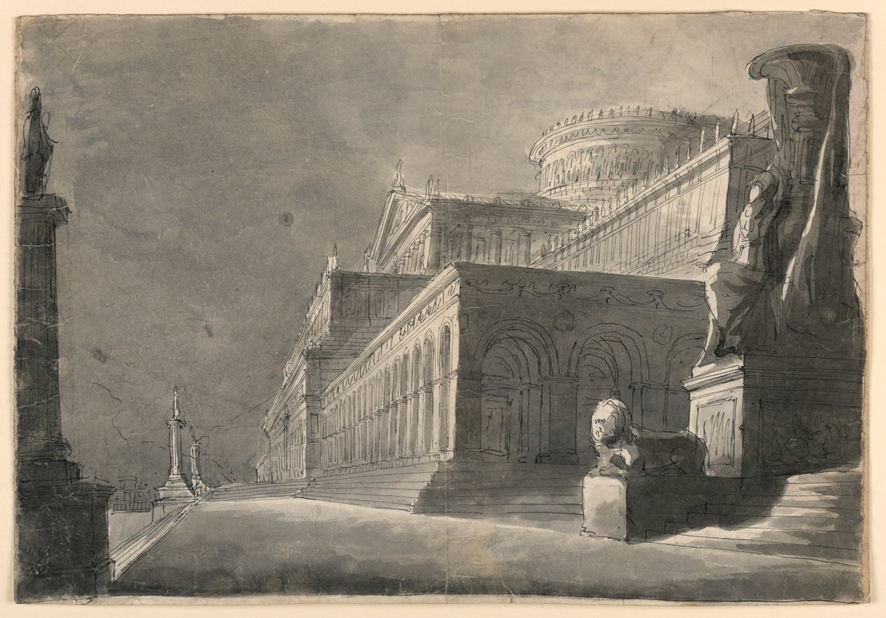 Scénický design, exteriér obrovského paláce od Romolo Achille Liverani