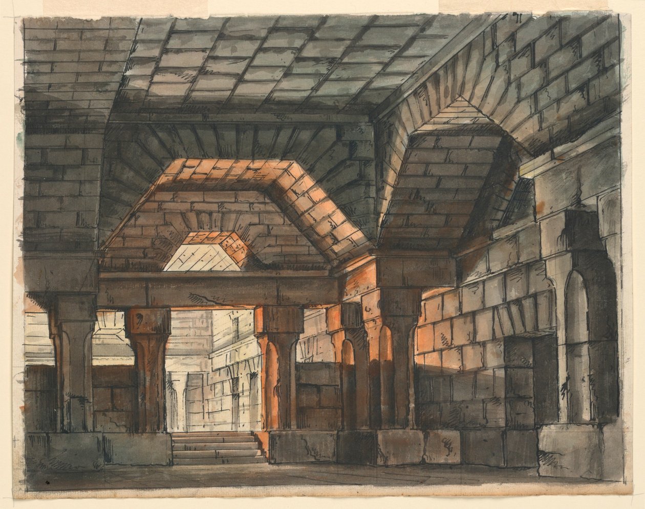 Scénický design, interiér opevněného hradu pro "Ciro in Babilonia" od Gioachina Rossiniho, La Scala, Milán, 1818, "Podzemní vězení" od Romolo Achille Liverani