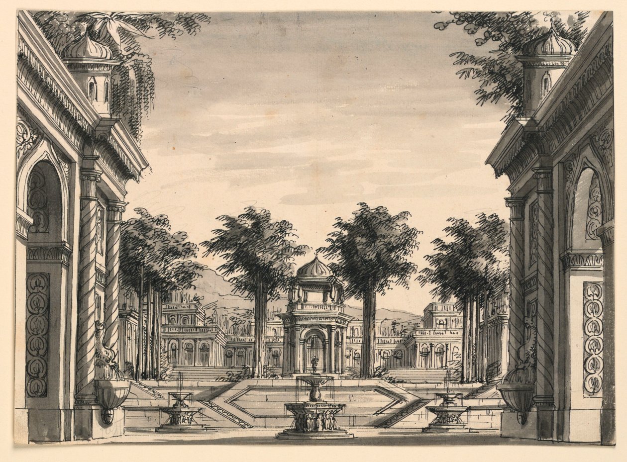 Scénický design, zahrada Indického paláce pro balet "Čingischán" od Luigiho Henryho od Romolo Achille Liverani