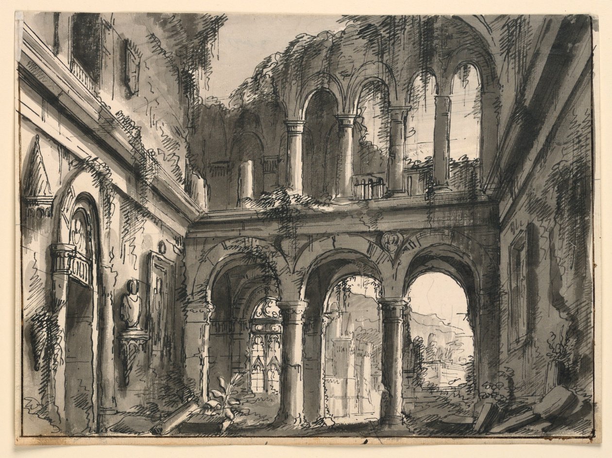 Scéna, interiér zničeného renesančního paláce od Romolo Achille Liverani