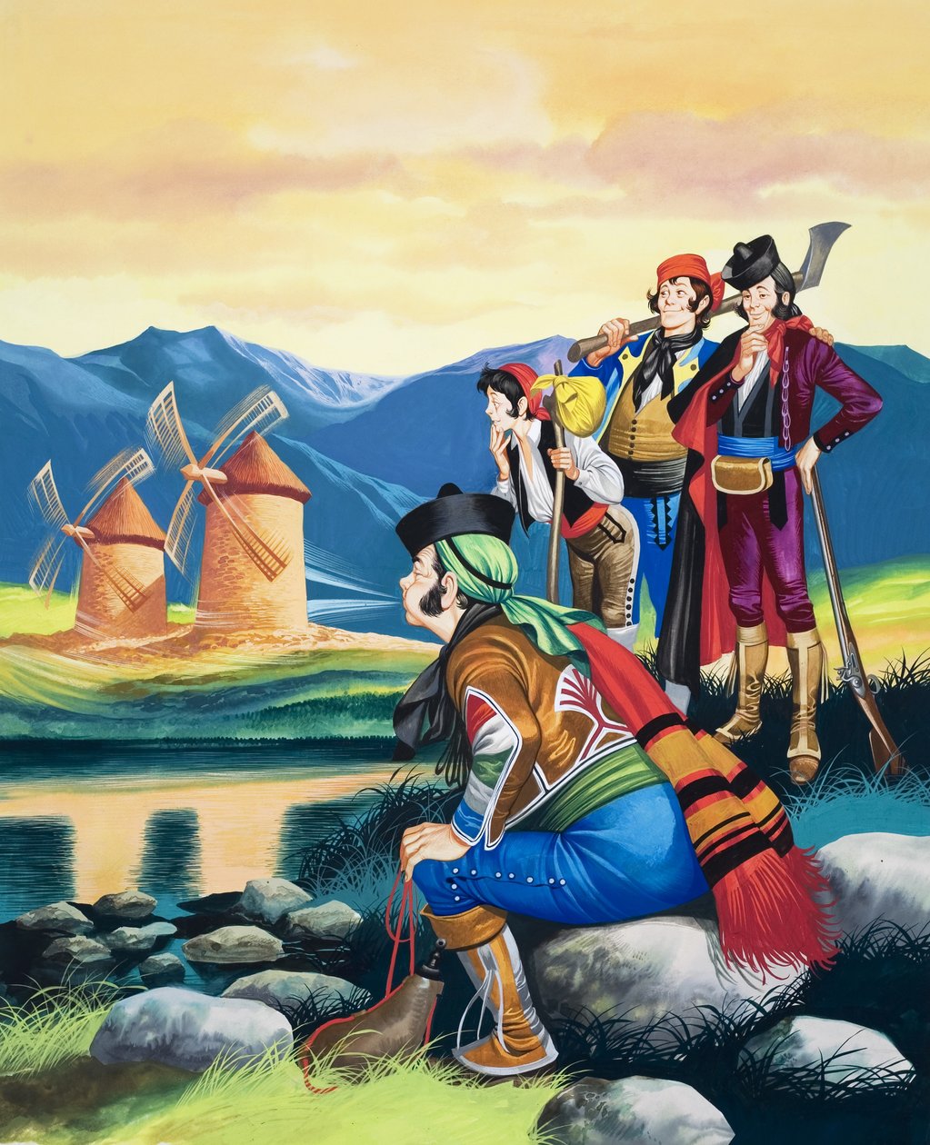 Foukání plachet větrného mlýna, ilustrace z knihy "Michael a mocní muži" (kvaš na papíře) od Ron Embleton
