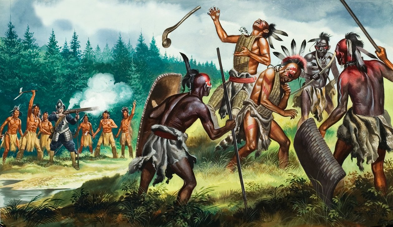 Anglické kolonie bojující proti Irokézské konfederaci, 20. století (kvaš na papíře) od Ron Embleton
