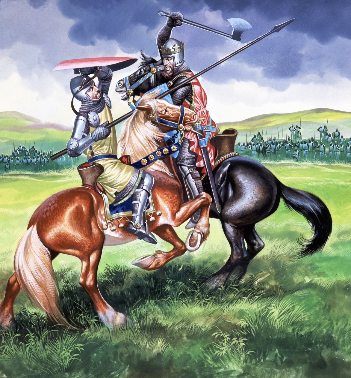Robert Bruce, skotský král, se chystá zabít sira Jindřicha de Bohum (kvaš na papíře) od Ron Embleton