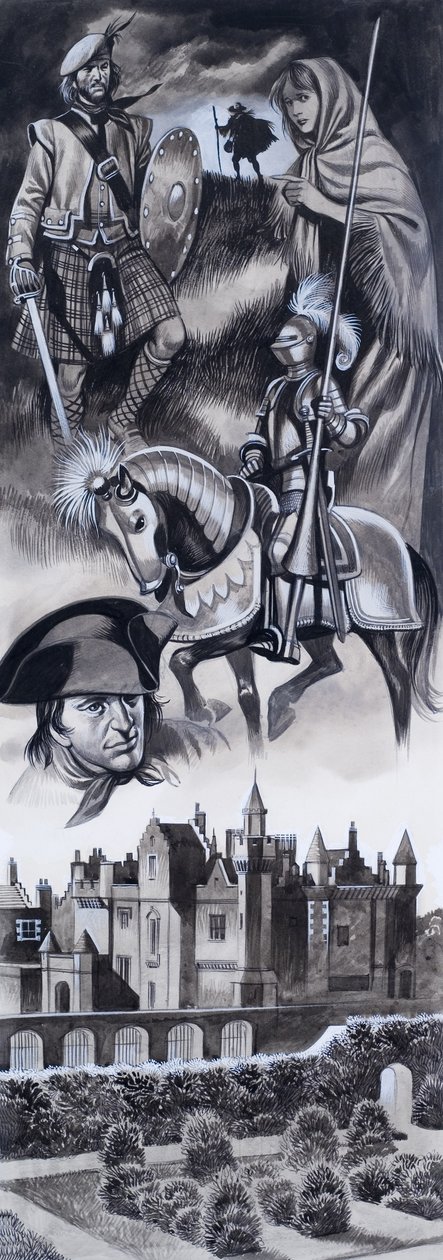 Skotský hrad a osobnosti skotské historie (kvaš na papíře) od Ron Embleton