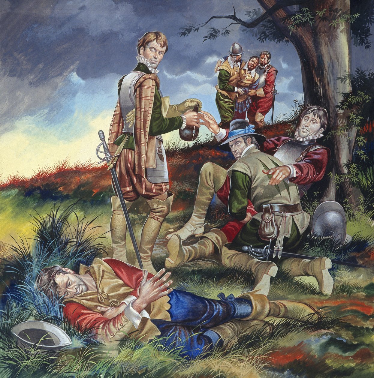 Sir Philip Sidney (1554-86) v bitvě u Zutphenu (kvaš na papíře) od Ron Embleton