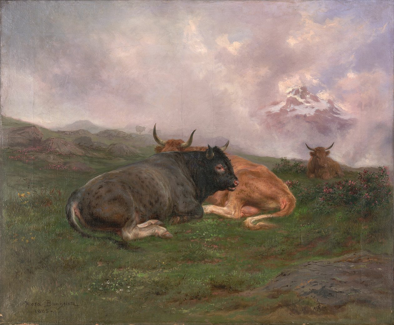 Dobytek v klidu na svahu v Alpách od Rosa Bonheur