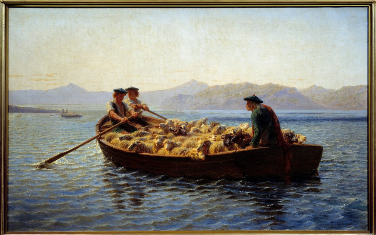 Změna pastvy. Pastýři nastoupili do stáda ovcí, aby je odvedli na druhý břeh. Obraz od Rosy Bonheur (1822-1899) od Rosa Bonheur