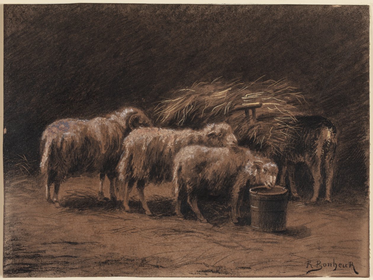 Pár ovcí a beran ve stáji od Rosa Bonheur