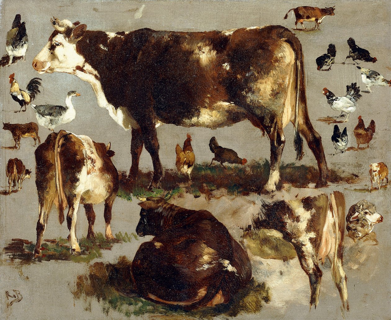 Studie krav, slepic, kohoutů, husy a ovce, od Rosa Bonheur
