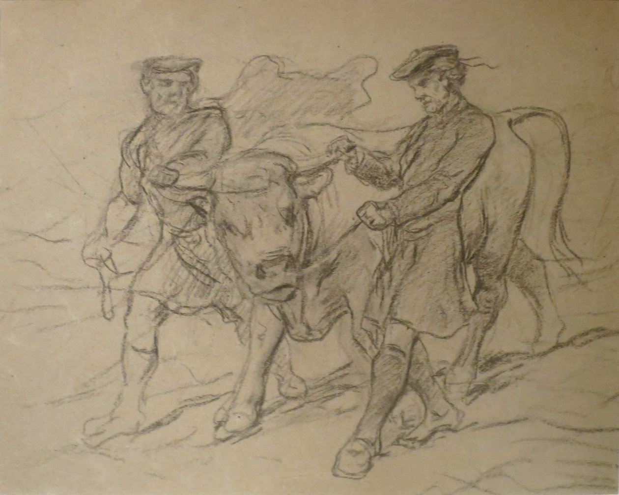 Dva muži s býkem, Rosa Bonheurová, černá křída, Columbus Museum of Art od Rosa Bonheur