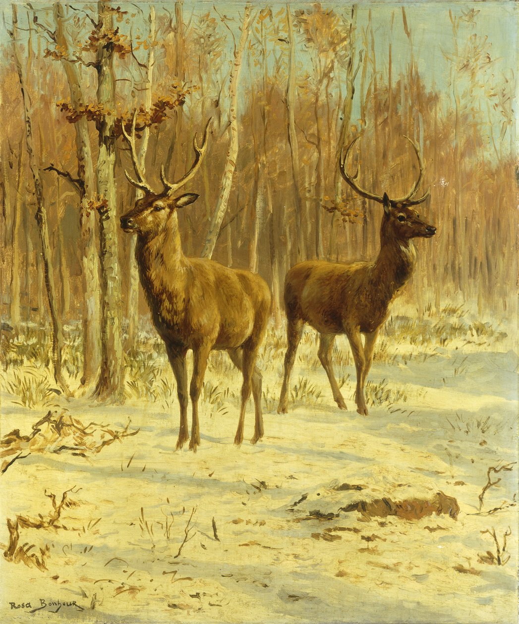 Dva jeleni v zimě na mýtině od Rosa Bonheur