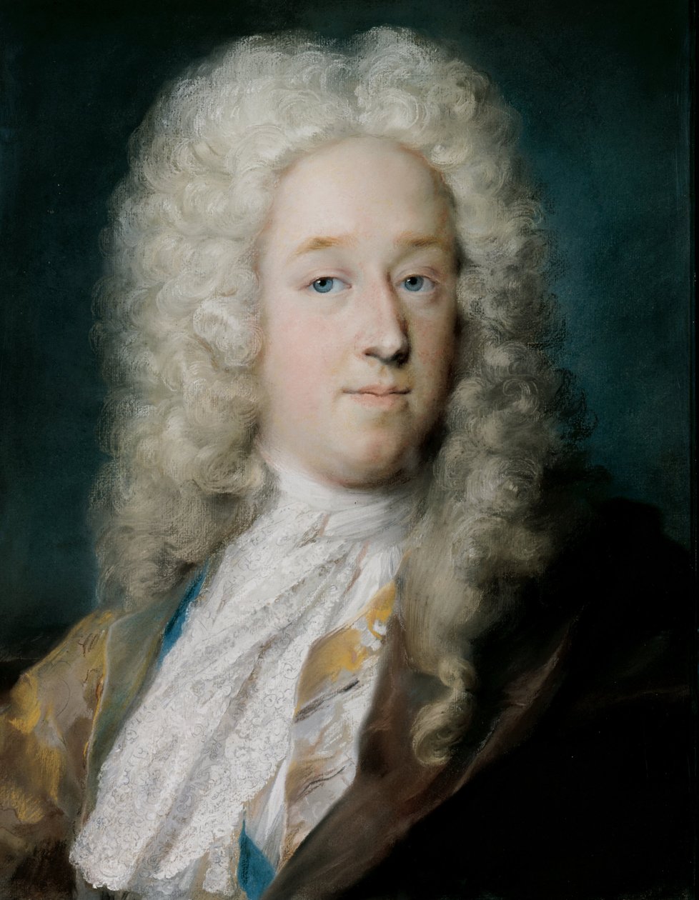 Gentleman ve zlatém vzorovaném kabátu a fialovohnědém mysu od Rosalba Carriera