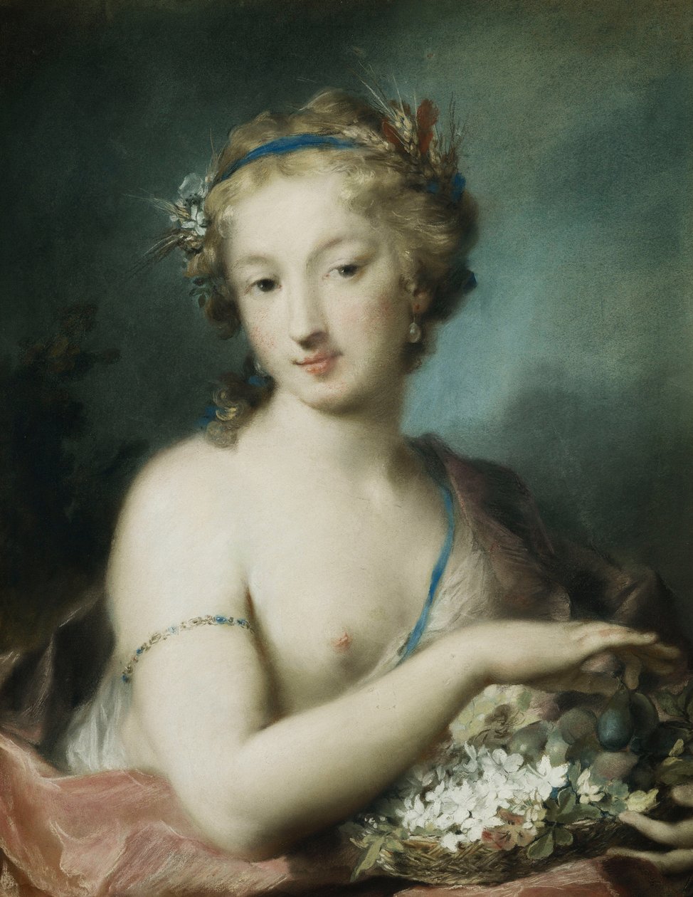 Flora, poloviční délka, držící švestky, od Rosalba Giovanna Carriera
