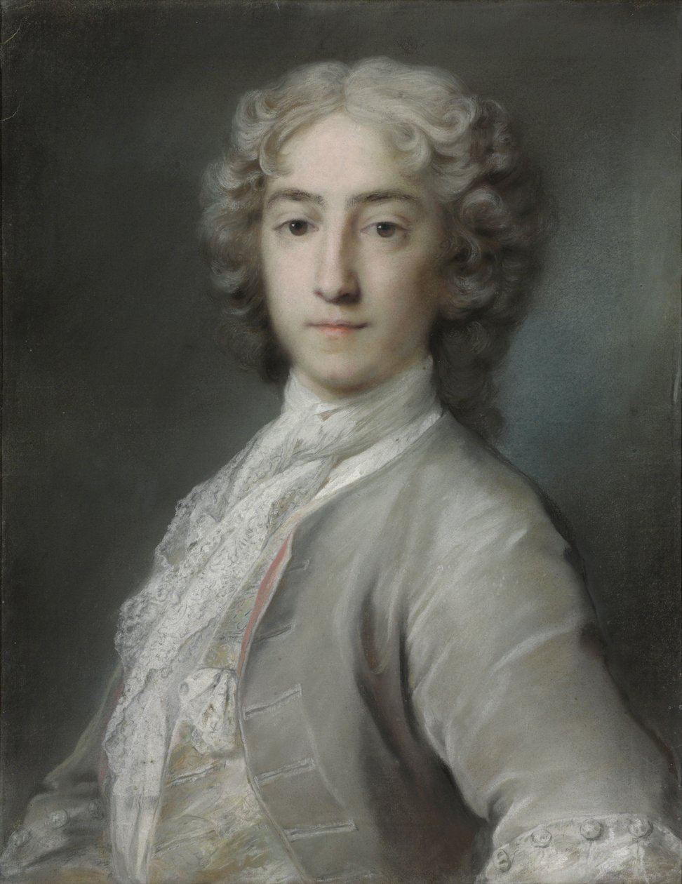 Portrét lorda Sidneyho Beauclerka, polodlouhý, v šedém sametovém kabátě a bílé pažbě od Rosalba Giovanna Carriera