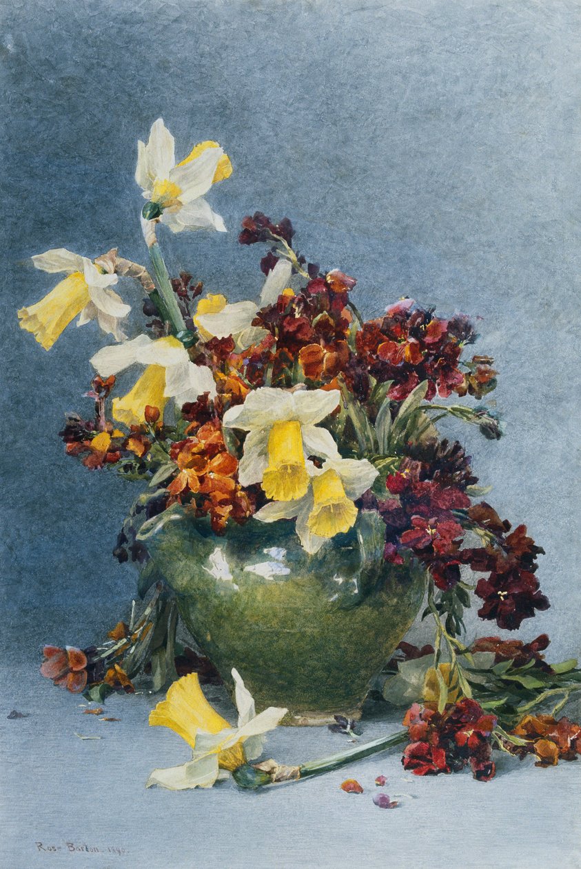 Narcisy a nástěnné květiny v zelené váze, 1890 od Rose Maynard Barton
